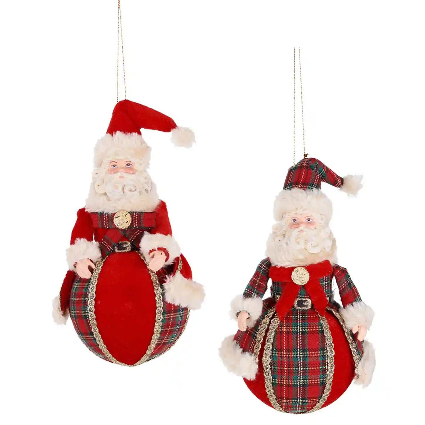 Juego de 2 adornos de Papá Noel con bola de tartán, 18 cm