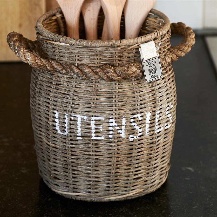 Rustic Rattan Utensils Pot