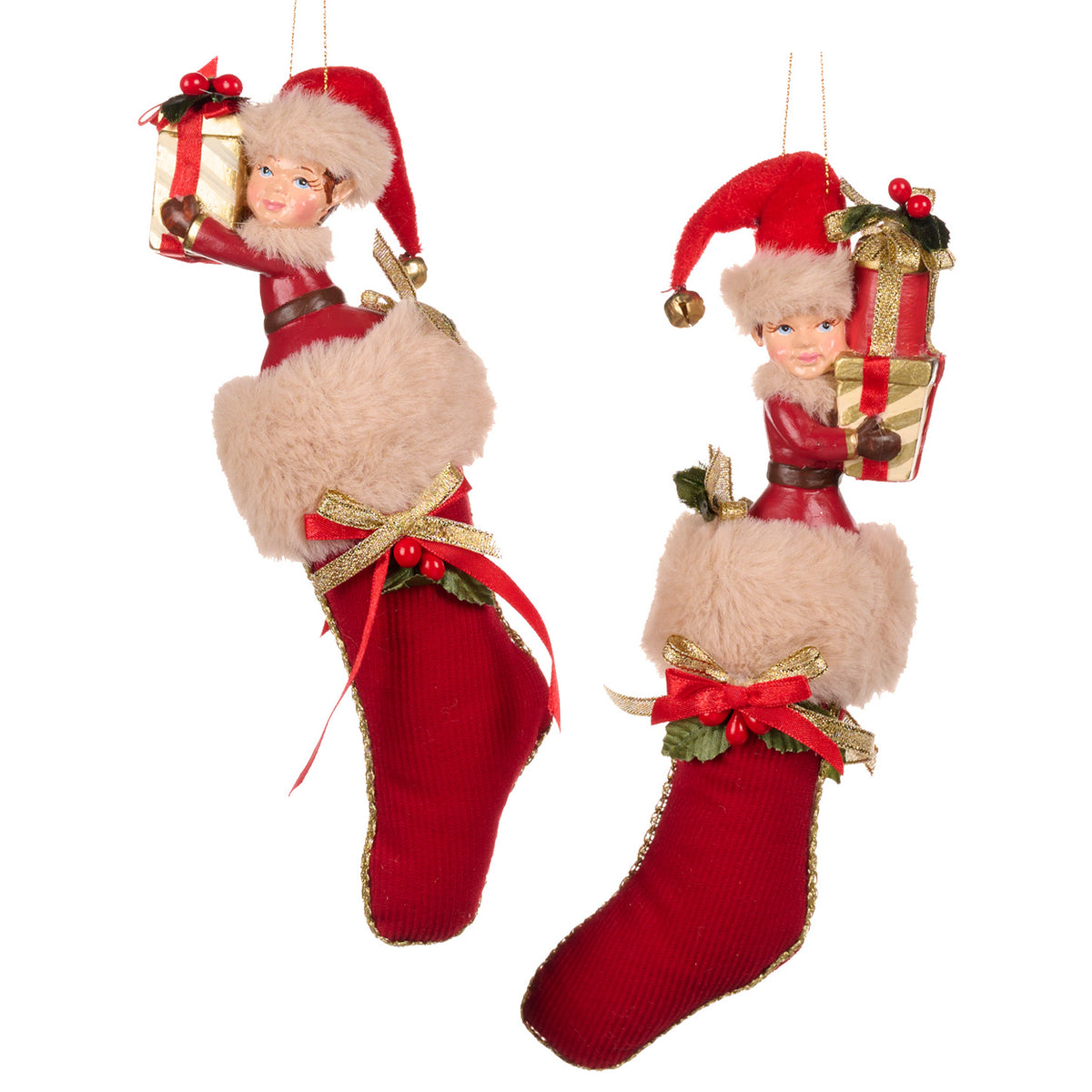 XMAS LODGE HELP.ELF IN STOCKING ORN ASS S/2 23CM