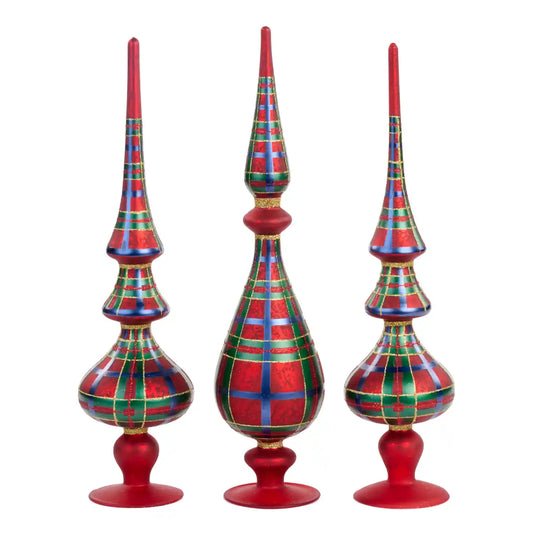 Glass Antique Tartan Finial Tree Topper Set of 3 41cm