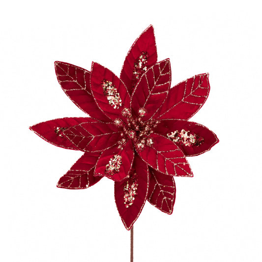 FABR.GLT POINSETTIA FLOWER STEM RD/CHAMP 34CM