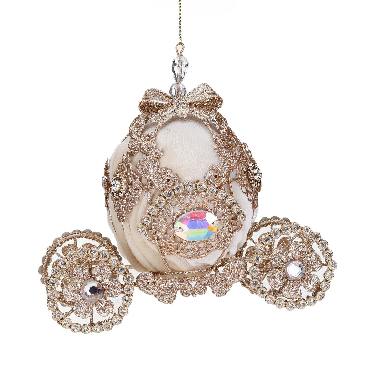 MET.WIRE/FABR.JEWEL CARRIAGE ORN GLD/CRM 20CM